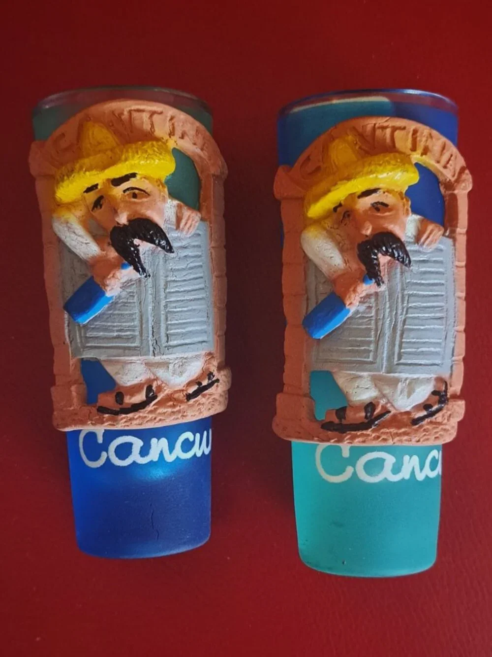 Vintage Cancun Mexico Cantina Shot Glasses Set of 2 Souvenir 3D Raised Relief